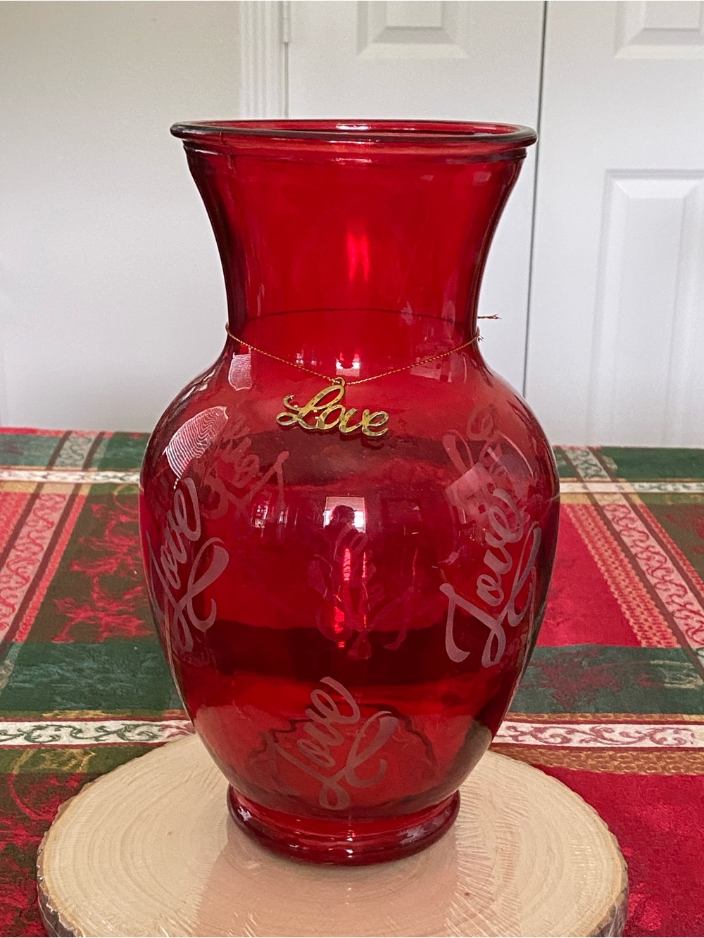 Red 'Love' Glass Vase Love Charm Valentines Day Flower Vase 11”